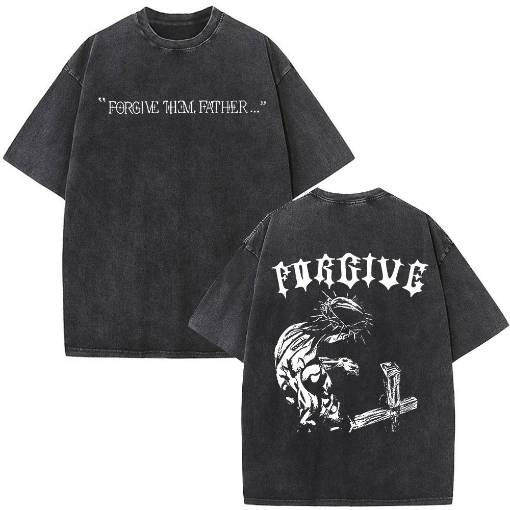 Christian Religious Jesus Forgive Them Father Bible Verse Vintage Acid Washed Tshirt Men Fashion Oversized T Shirts Streetwear