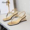 Fashion Luxury Rhinestone Embellished Fashion Design Shoes Back Strap Buckle Wedges Sandals Women Elegant Banquet Dress Shoes 7CM Heels