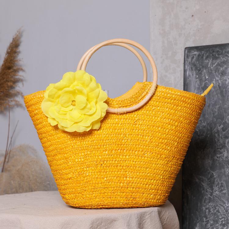 2025 Wheat Straw Braided Handbag with Wooden Handle - Women's Pastoral Ins Mori Girl Style