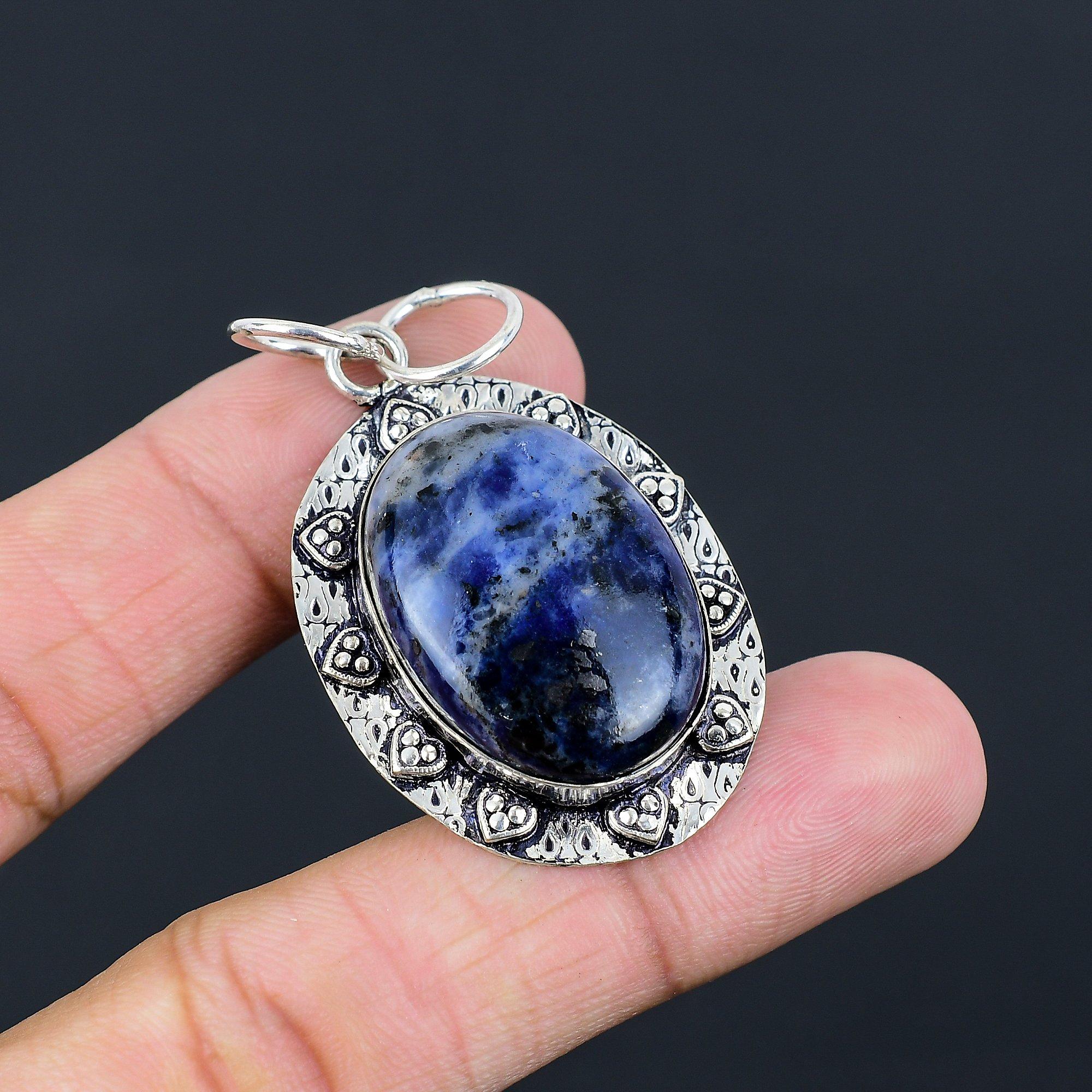 Oval Sodalite Gemstone 925 Silver Ethnic New Sister Handmade Pendant Jewelry