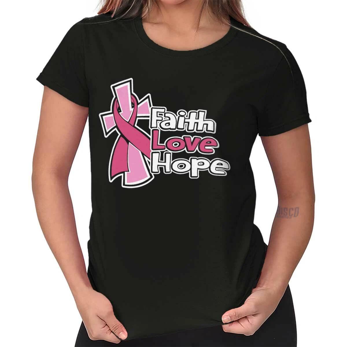 Breast Cancer Christian Faith Hope Cross Womens Top Junior Graphic Tee S