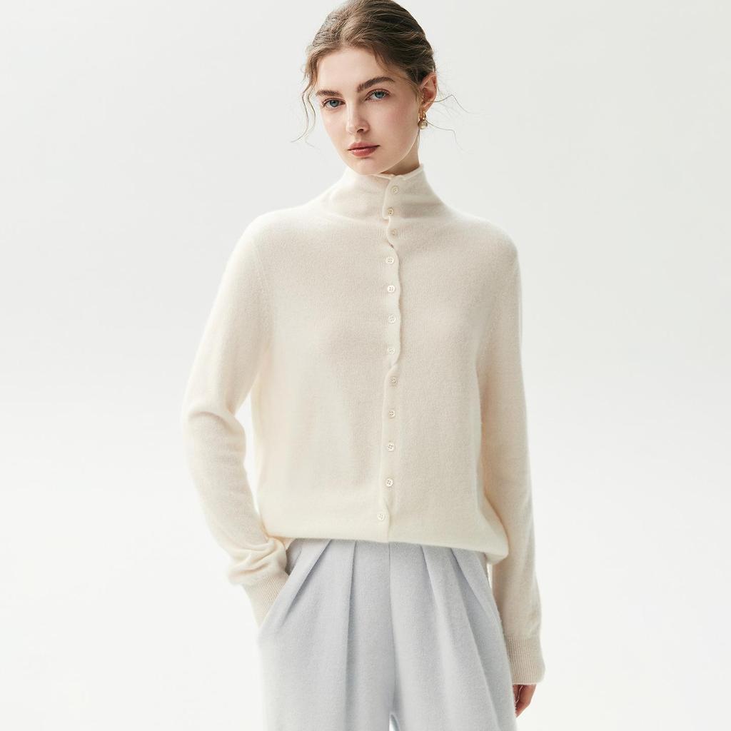 Maglione da donna in cashmere con bordo arrotolato, semi-dolcevita, minimalista, vestibilità ampia, manica lunga snellente.