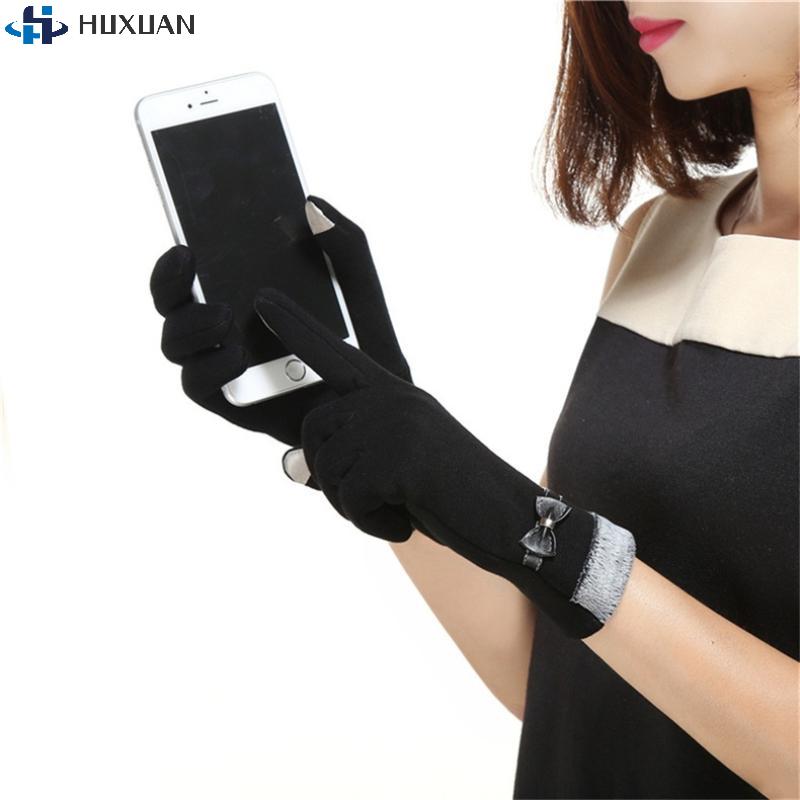 Winter Vintage Bow-Knot Touch Screen Driving Warm Windproof Glove Fashion Grace Lady Gloves Women Mittens