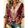 Women's Burgundy Ornate Floral Print Tie Front Blouse, Casual Loose Top for Spring Summer Daily Wear
