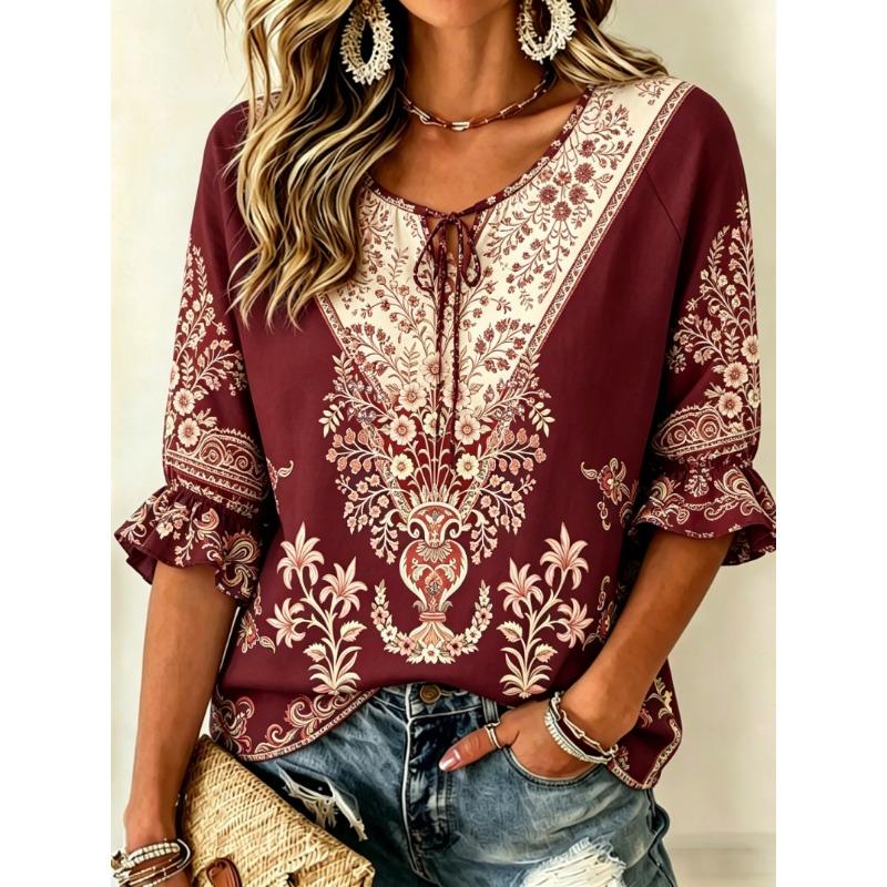 Women's Burgundy Ornate Floral Print Tie Front Blouse, Casual Loose Top for Spring Summer Daily Wear