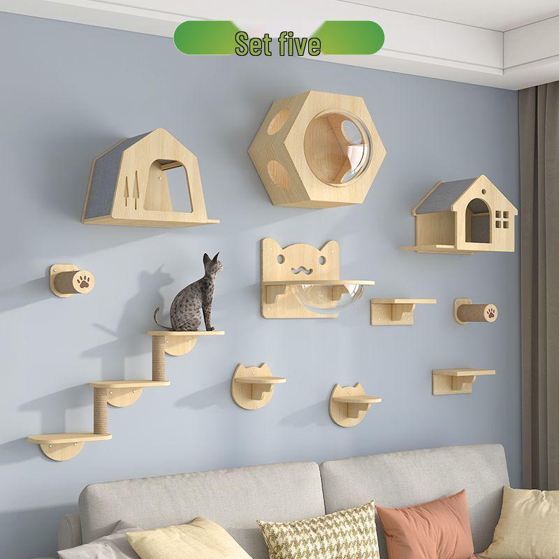Wall-Mounted Solid Wood Cat Climbing Frame with Bed, Jumping Platform, and Scratching Post