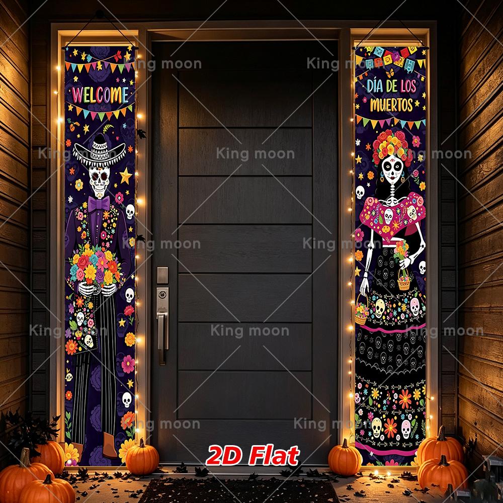 2D Flat, 2D Flat - 2D Flat, 2D Flat - 2D Flat Banner, 2pcs Day of The Dead Porch Couplets, Polyester Fabric, Size 180X30Cm/70.9x11.8In, Mysterious De