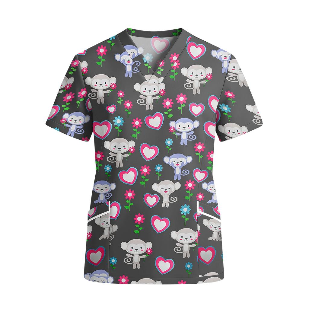 Women’s V Neck Short Sleeve Printed Work Top with Pockets Cute Animal and Heart Pattern Comfortable Fit Scrub Shirt