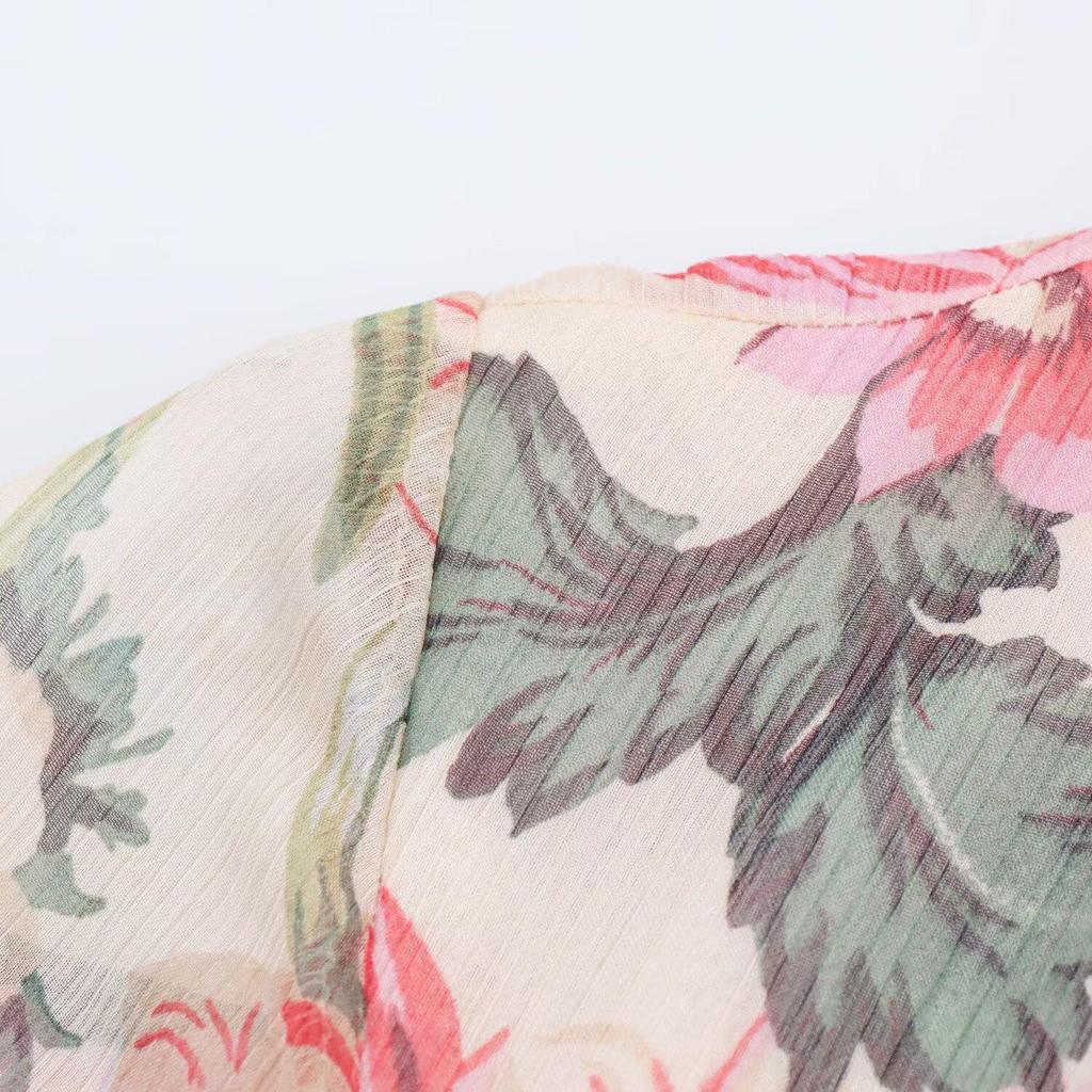 Spring 2025 Women's Floral Print Dress with Belted Tie Neckline