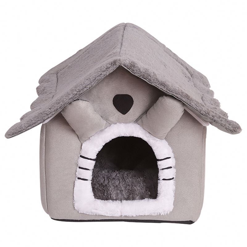 Winter Solid Plush Cotton Semi-Enclosed Cute Cat Dog Bed & Kennel with Removable Washable Cover