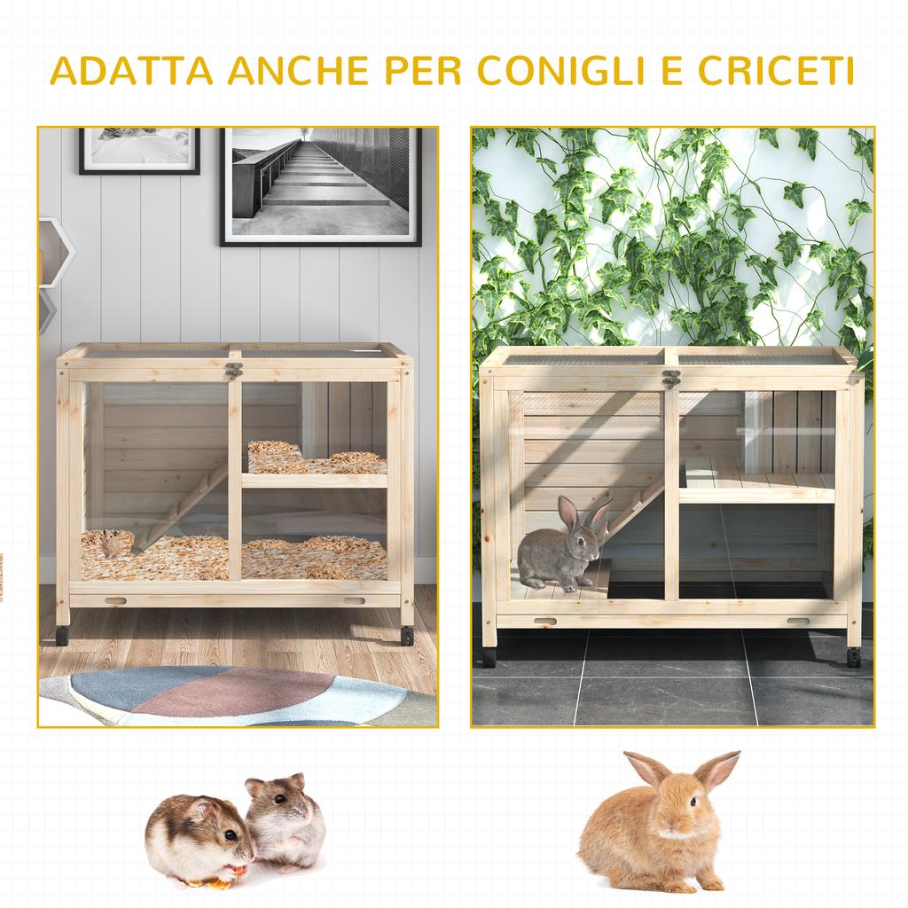 Conigliera in Legno a 2 Piani con Casina, Rampa e Vassoio Estraibile, 91.5x53.3x73cm