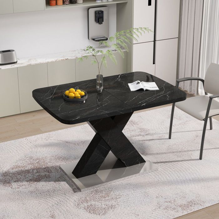 Extendable Dining Table - MUVOE - Rectangular - Black Marble Top - 6 Seats - Easy To Assemble
