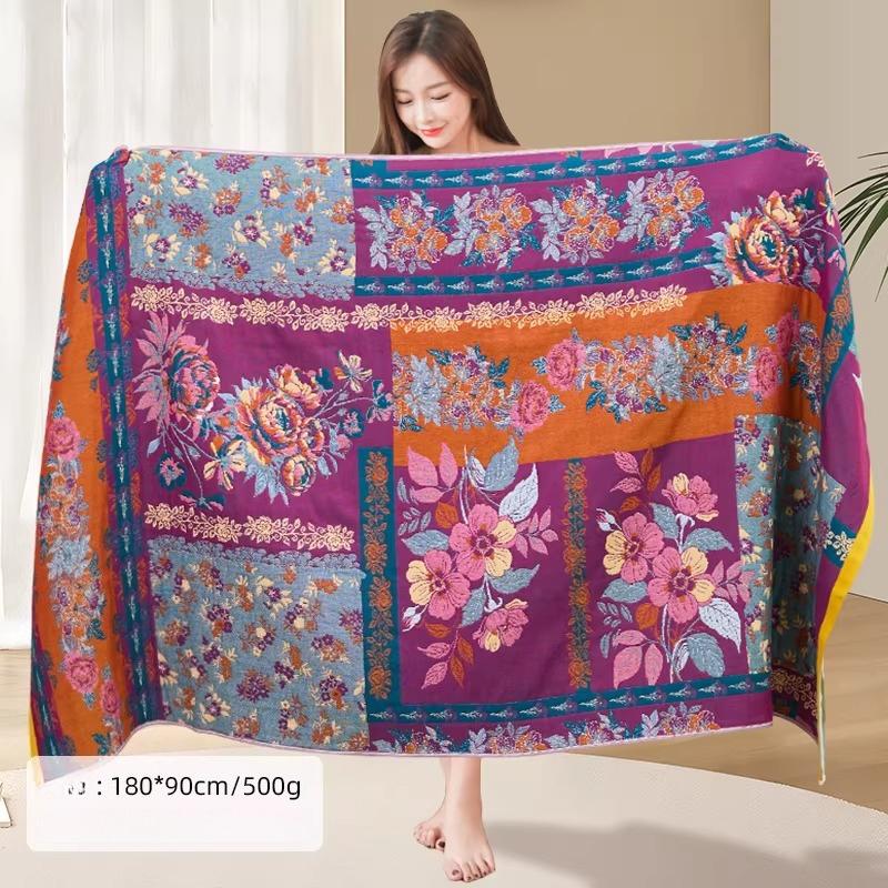 90 × 180cm Extra Large Size Bath Towel,Pure Cotton Gauze Bath Towel Floral Pattern Water-absorbing Quick-drying Soft Bath Towel,1pc