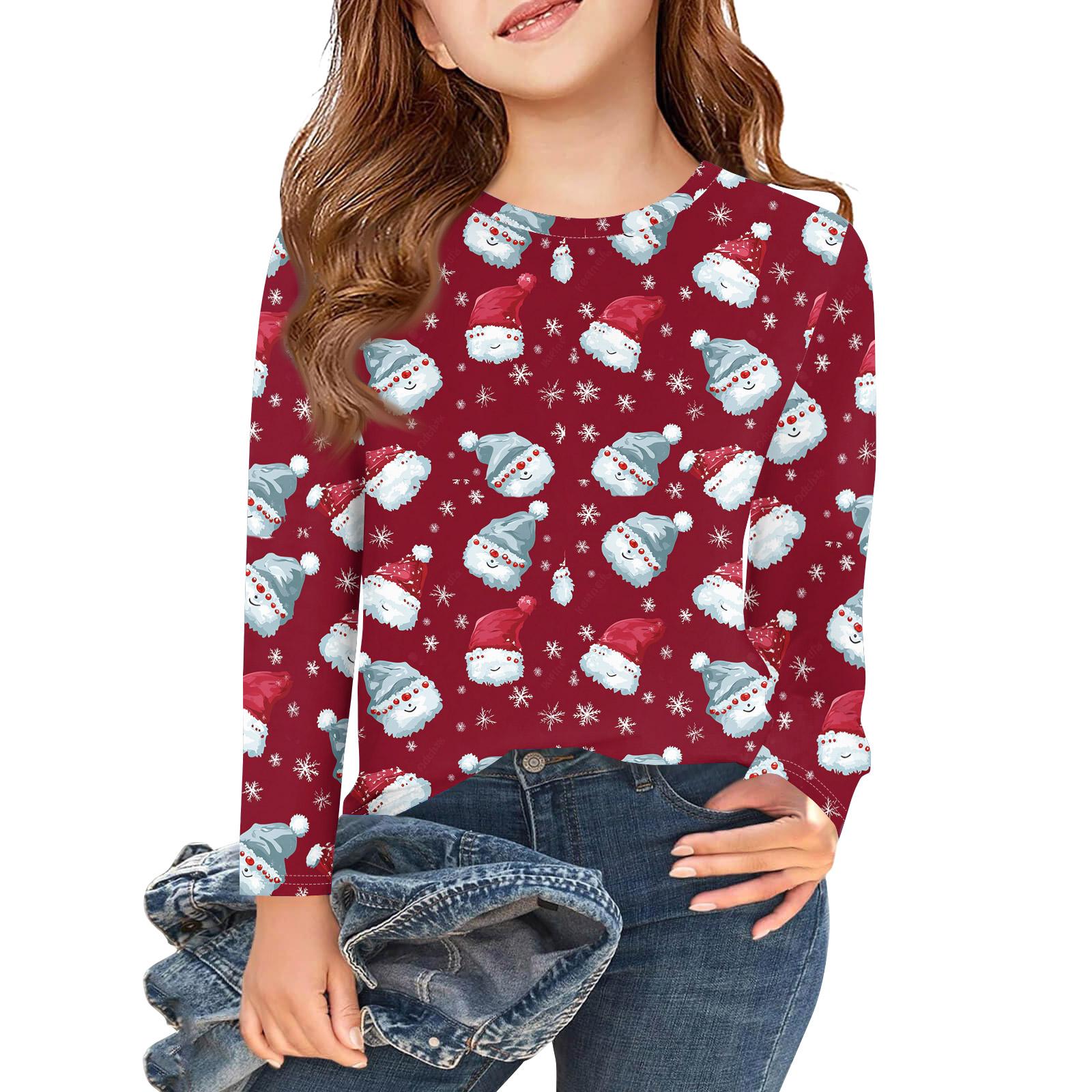 

Рождественские футболки с длинным рукавом для девочек, детские осенние топы с круглым вырезом и принтом, базовые футболки 160 красный