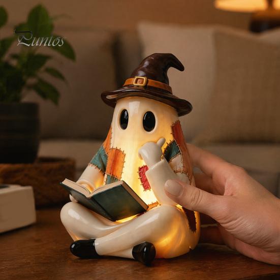 Regali Autunnali Unici Statuetta Fantasma Patchwork Vintage, Statua Carina da Lettura Illuminata a LED, Statua di Halloween Decorazione Spettrale in Resina per Tavolino Scaffale