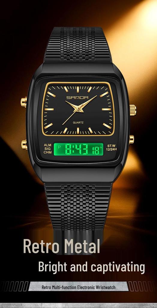 SANDA Men's Steel Band Dual Display Watch with Multi-Time Zone, Night Glow, and Waterproof Features