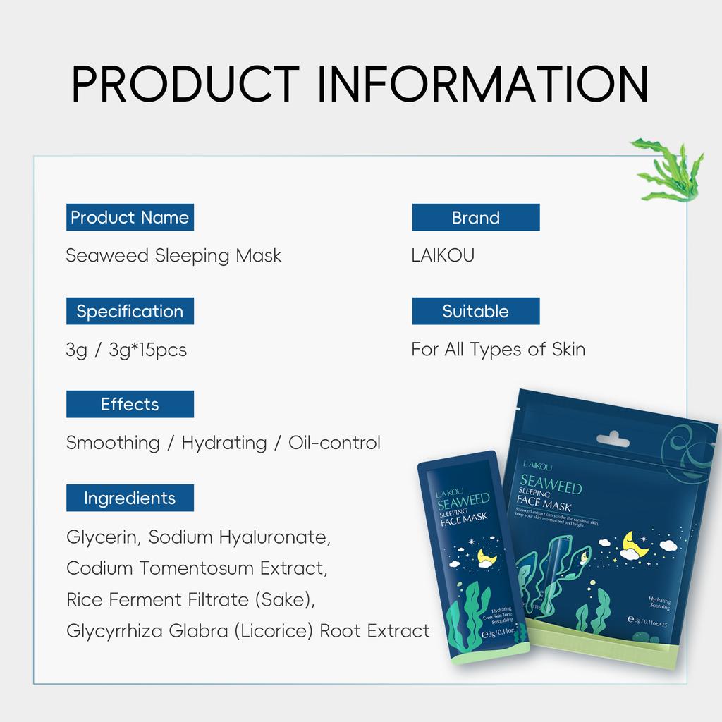 LAIKOU Algae Sleep Facial Mask 3g 15 Pcs Bagged Facial Mask
