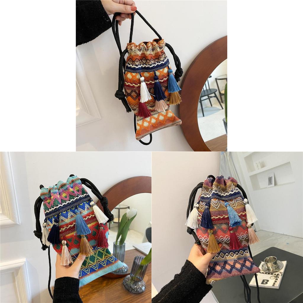 Art Ethnic Style Tassel Bag With Drawstring Closure For Casual Travel And Phone Storage