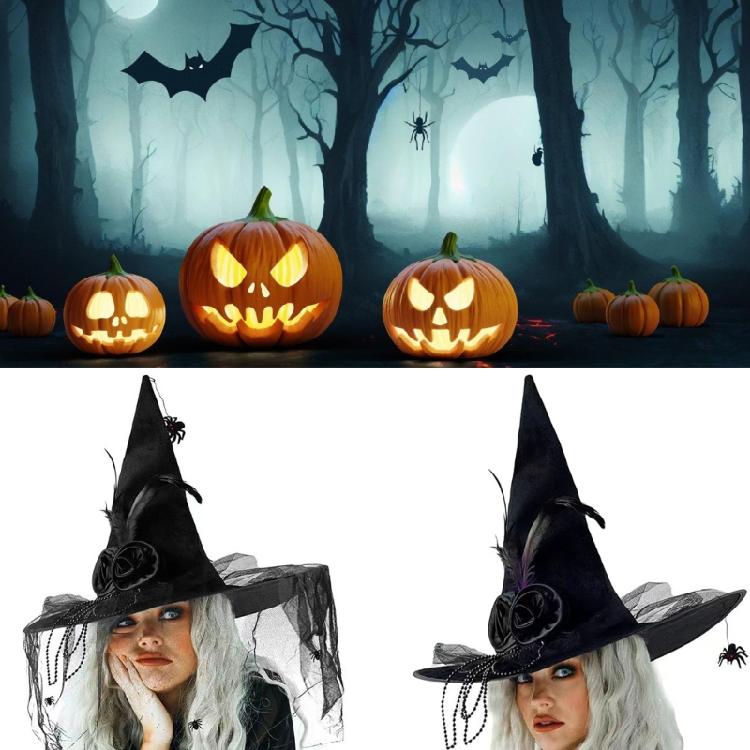 Halloween Witch Caps for Adult Unisex Tulle Wizard Hat Roleplaying Pointed Hat Theme Party Family Gathering Festival Hat