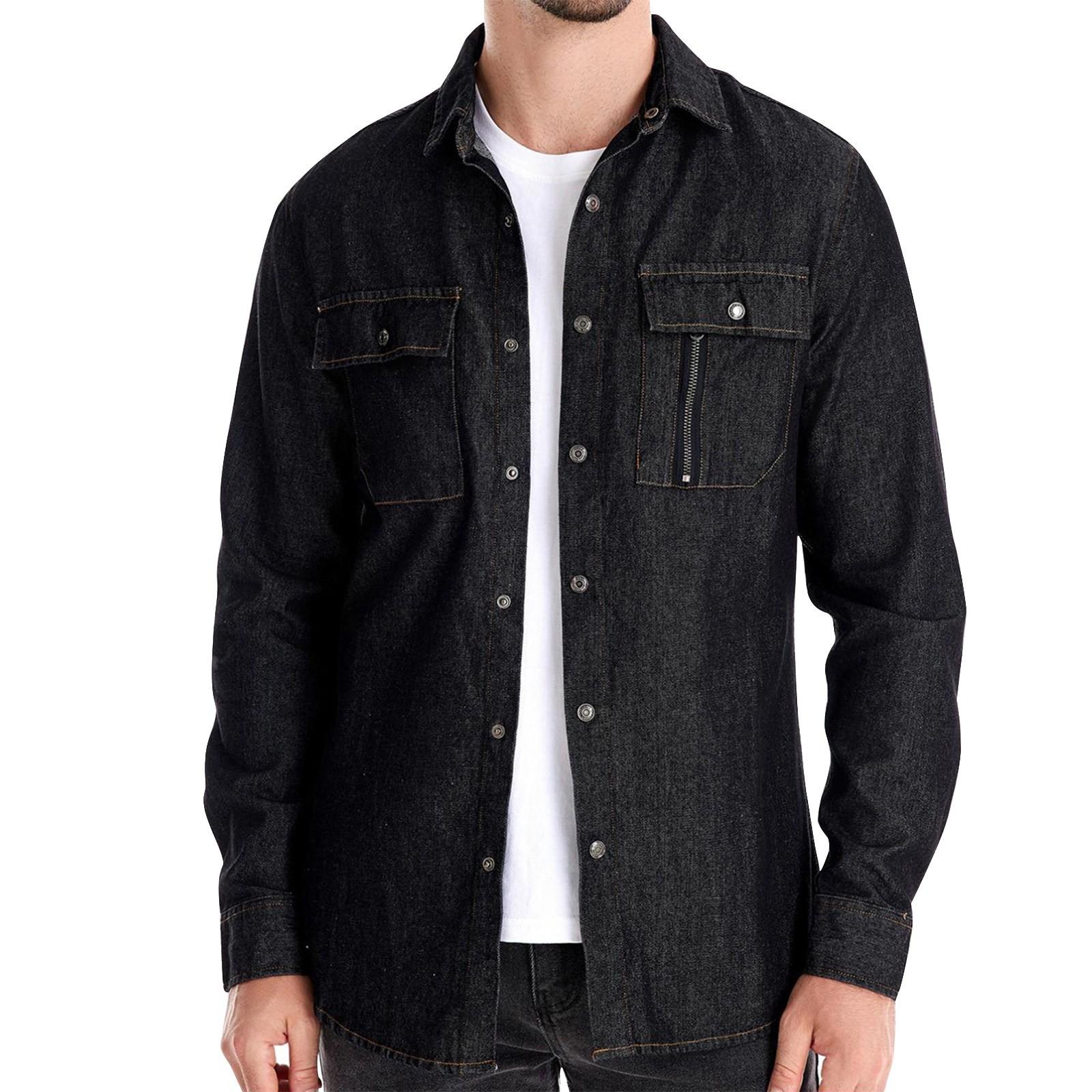 Мужская однотонная джинсовая рубашка с лацканами и пуговицами — фото 5
