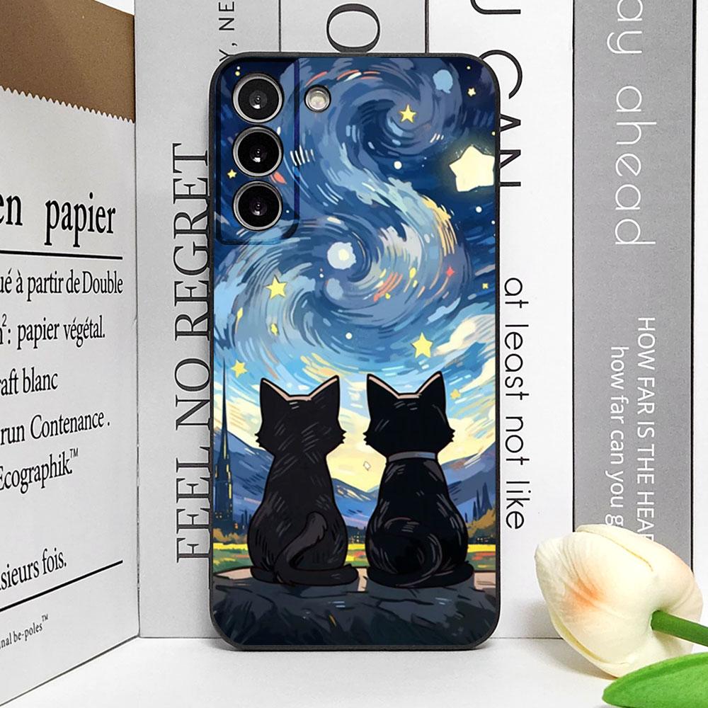 Künstlerische Schwarze Katze Sternennacht Handyhülle für Samsung S24 S23 S22 S21 S20FE Plus Ultra Cover für Samsung Galaxy S25 Edge Fundas