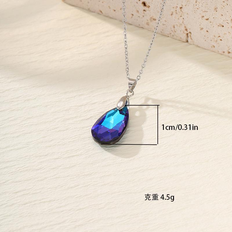 Women Light Luxury Long Chain Necklace Cross-border European American Colorful Crystal Geometric Water Drop Stainless Steel Fashion Accessory
