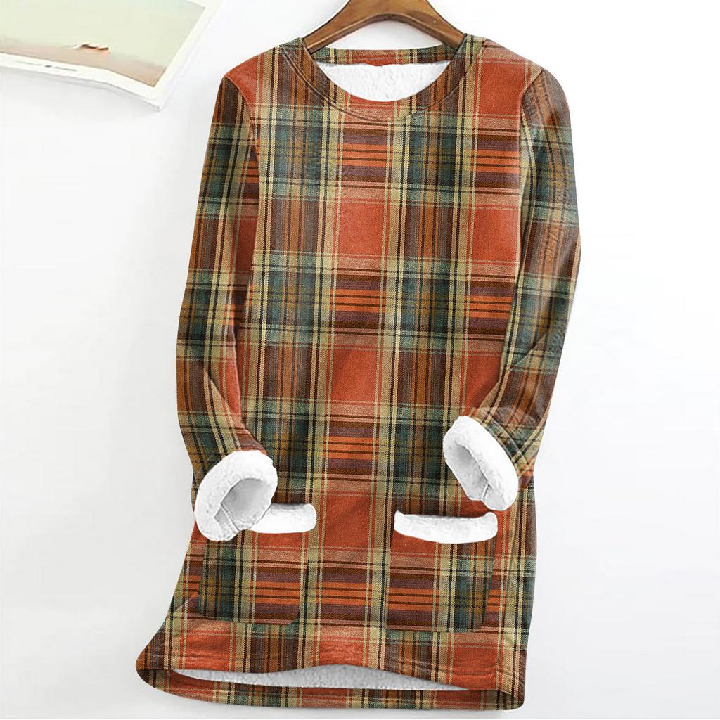Women's Fashion Plaid Print Round Neck Long Sleeve Plush Winter Warm Pullover Top