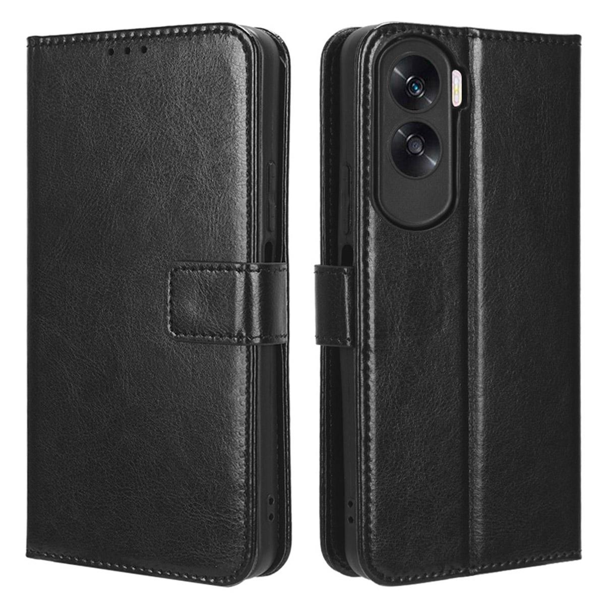 

For Honor 90 Lite 5G/X50i 5G Crazy Horse Texture PU Leather Phone Wallet Case Stand Shockproof Cover Black