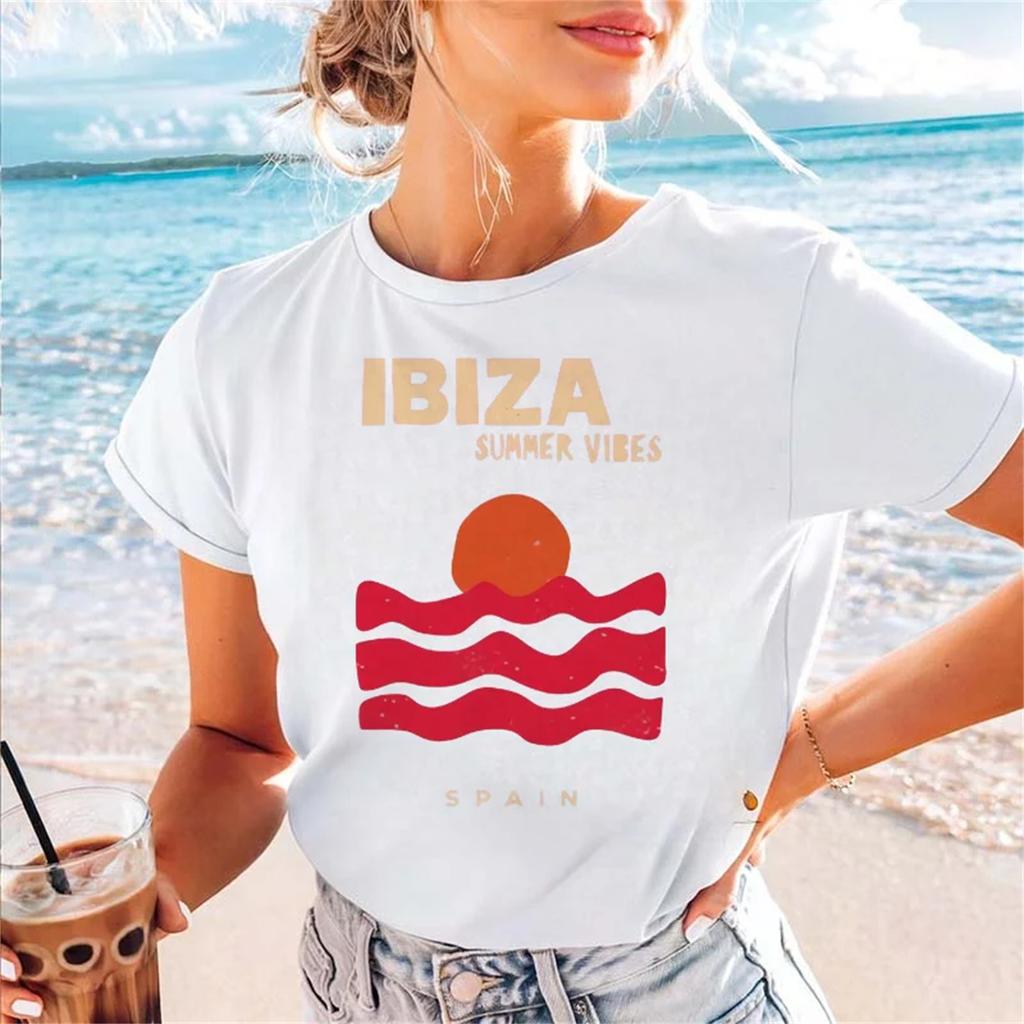 T-shirt da Donna Estiva Casual Basic con Stampa, Stile Vacanza, Manica Corta, Girocollo, per Spiaggia e Viaggio