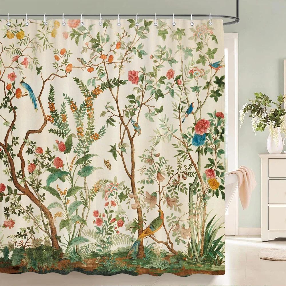 Tenda Doccia Motivo Fiori e Uccelli 3D Paravento Bagno Tessuto Impermeabile Decorazione Bagno 240X180cm Con Ganci Tende Doccia