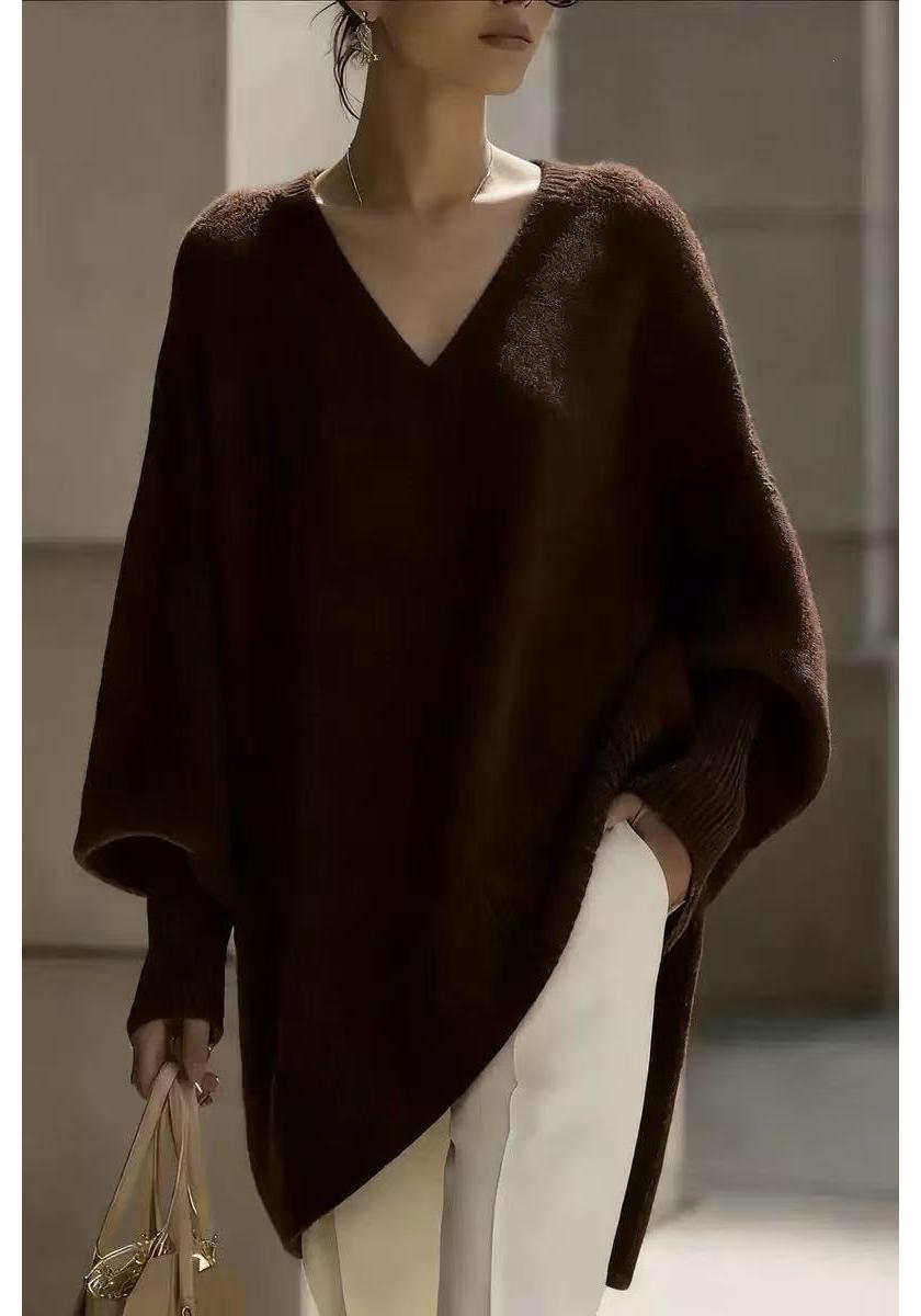 2026 Frühling Einfarbiger V-Ausschnitt Locker Gestrickter Pullover für Damen - Europa & Amerika Stil 4XL braun