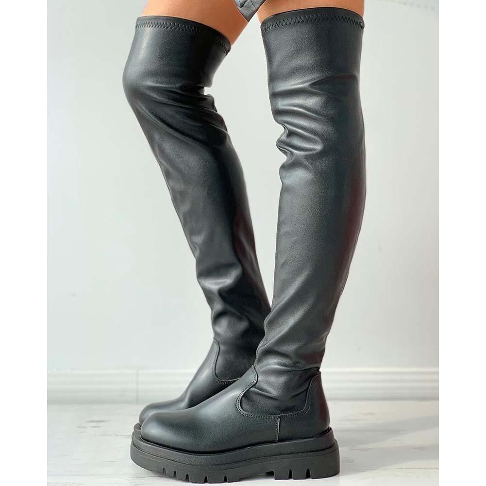 Damen Plateau Oberschenkelhohe Stiefel Mode Schlanke Klobige Absätze Overknee Stiefel Damen Partyschuhe Frau