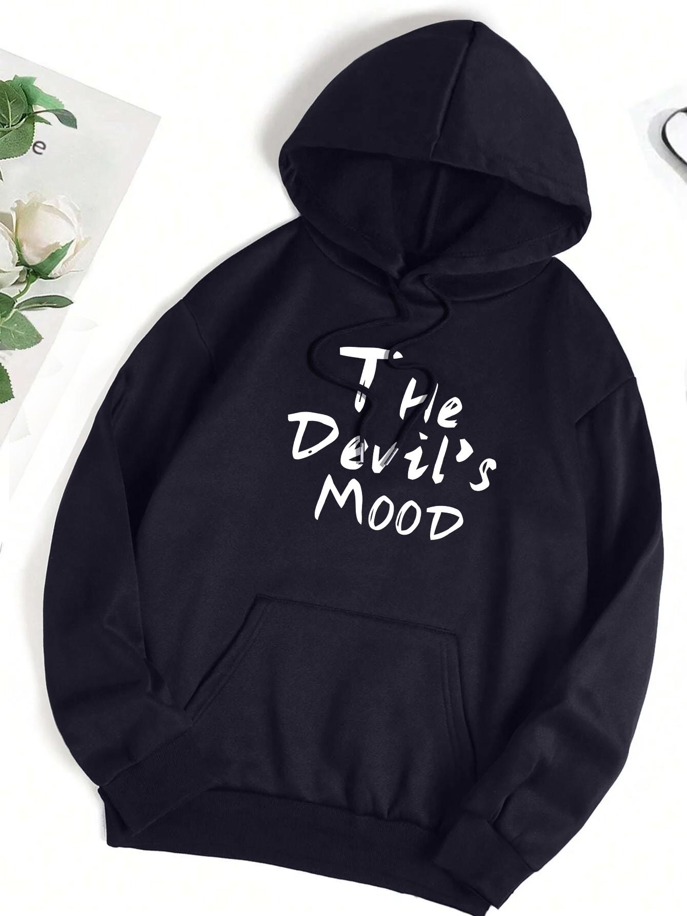 

The Devil S Mood Art Letter Print Women Hoody Vintage Pocket Hoodie Loose Y2K Fleece Clothing Soft Multicolor Streetwear 3XL