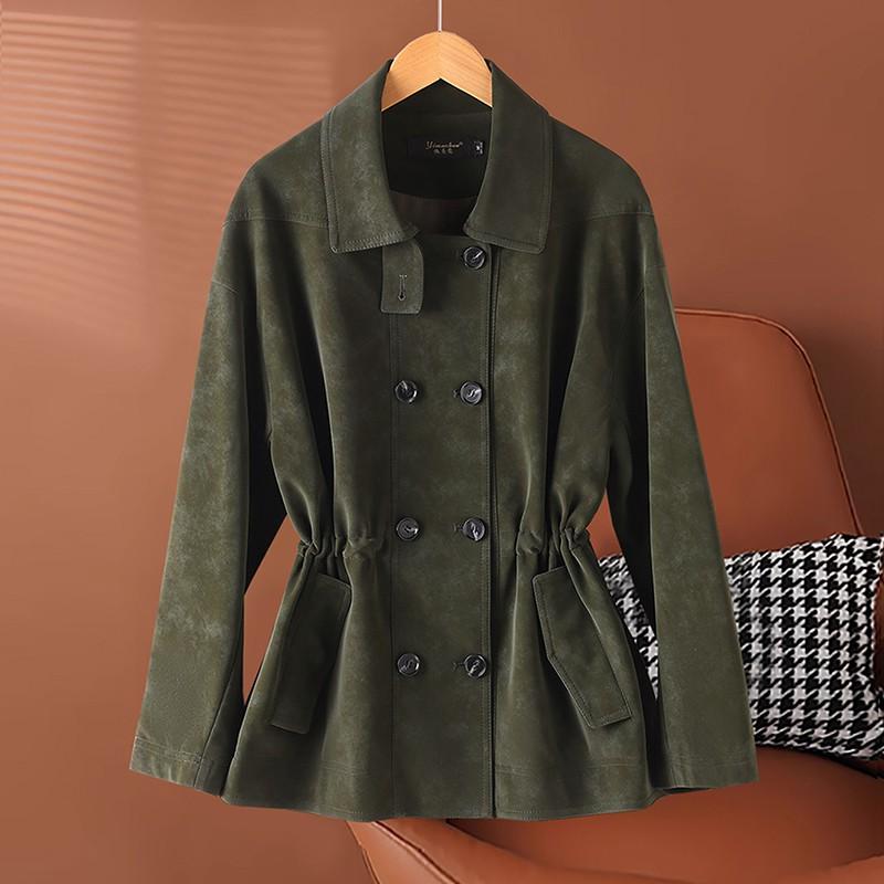Womens Suede Leather Trench Coat Elegant