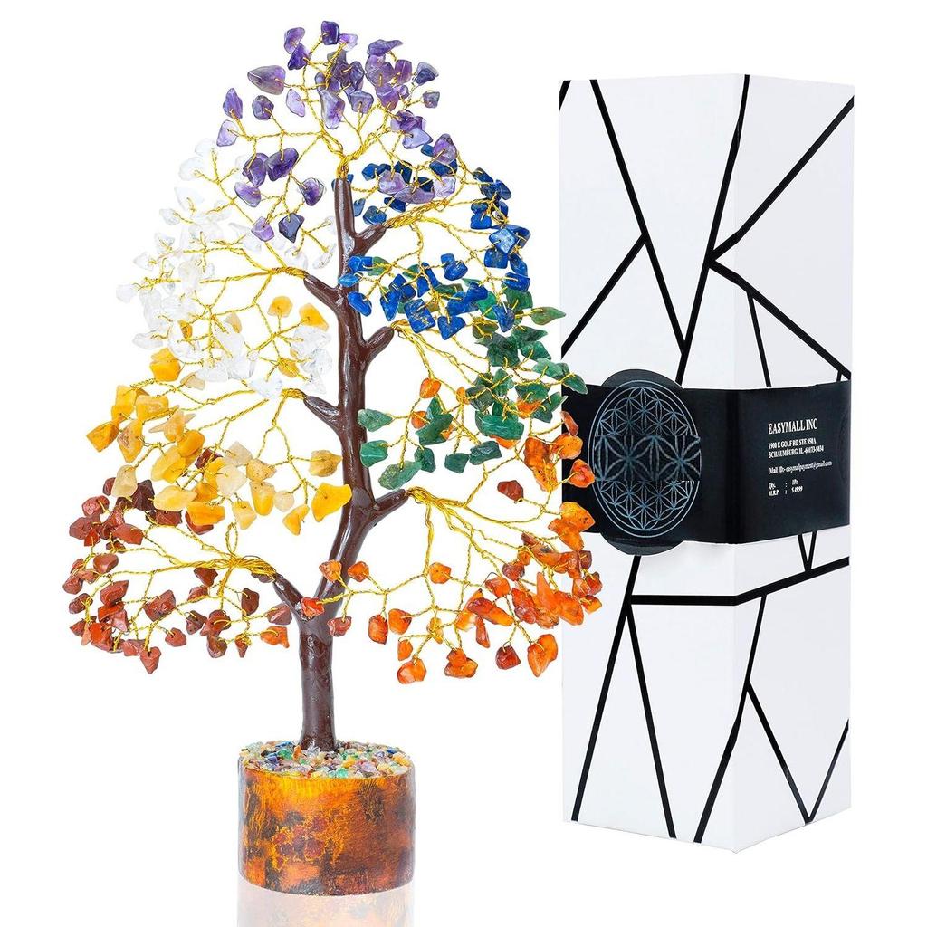 Seven Chakra Crystal Tree of Life Stone Fortune Feng Shui Bonsai for Good Luck, Wealth & Prosperity Home Decorations