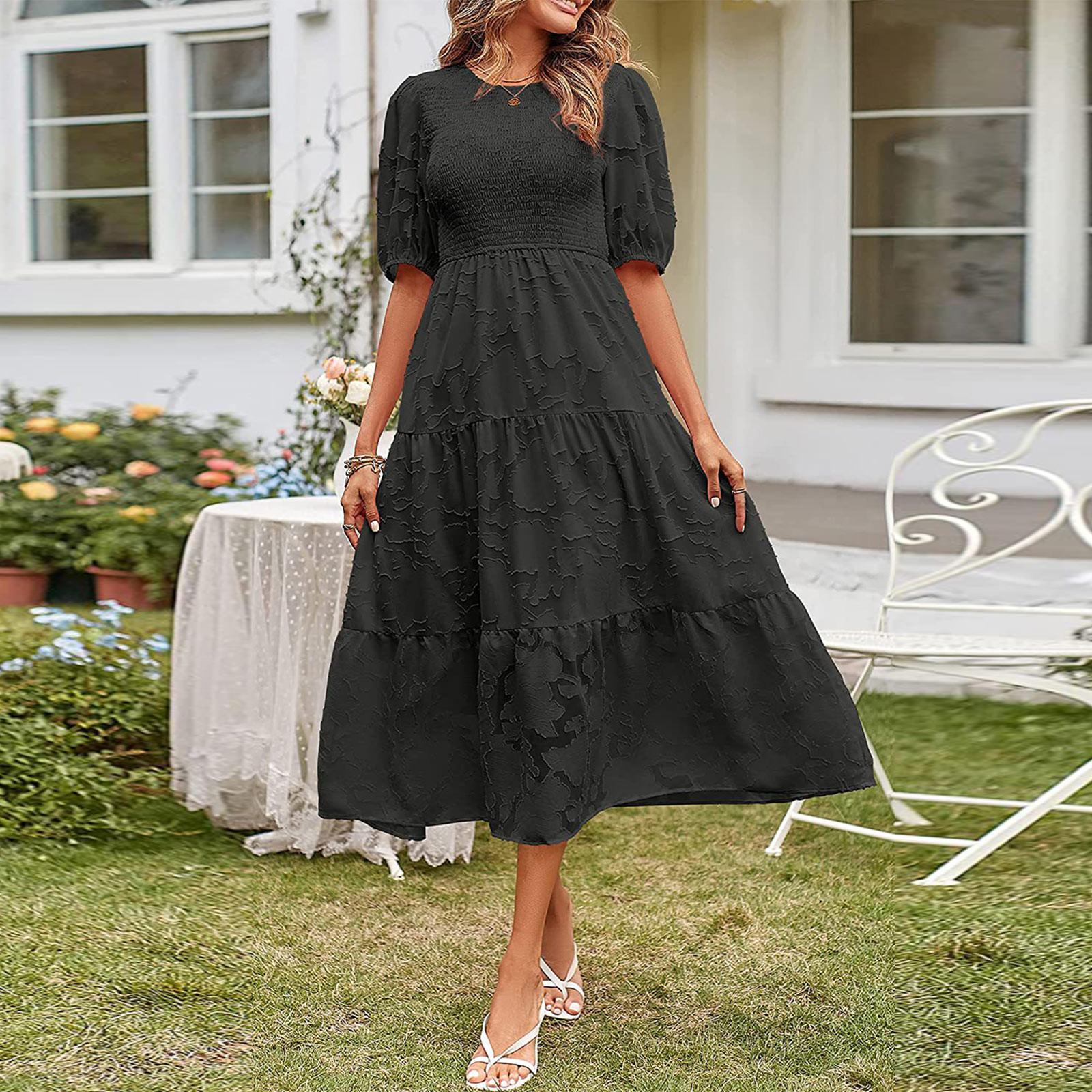 

Women s 2023 Summer Puff Sleeve Smocked Floral Dress Crewneck Lace Flowy Tiered Midi Dresses L чёрный