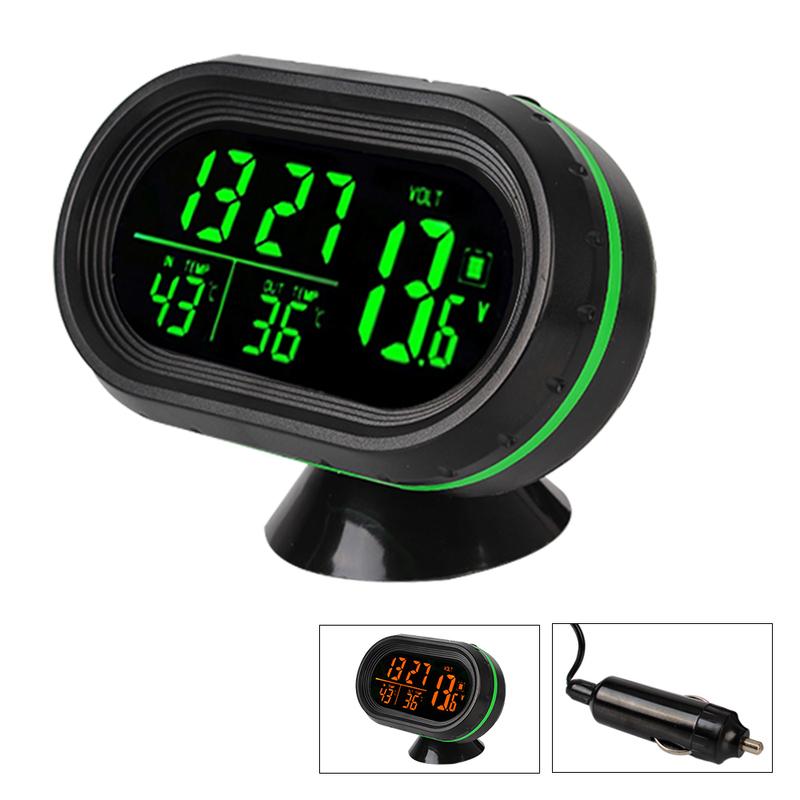 Car LCD Digital Display Clock 3 In 1 Thermometer Clock Voltmeter Freeze Alert Self-Adhesive Car-Styling Green Orange Backlight