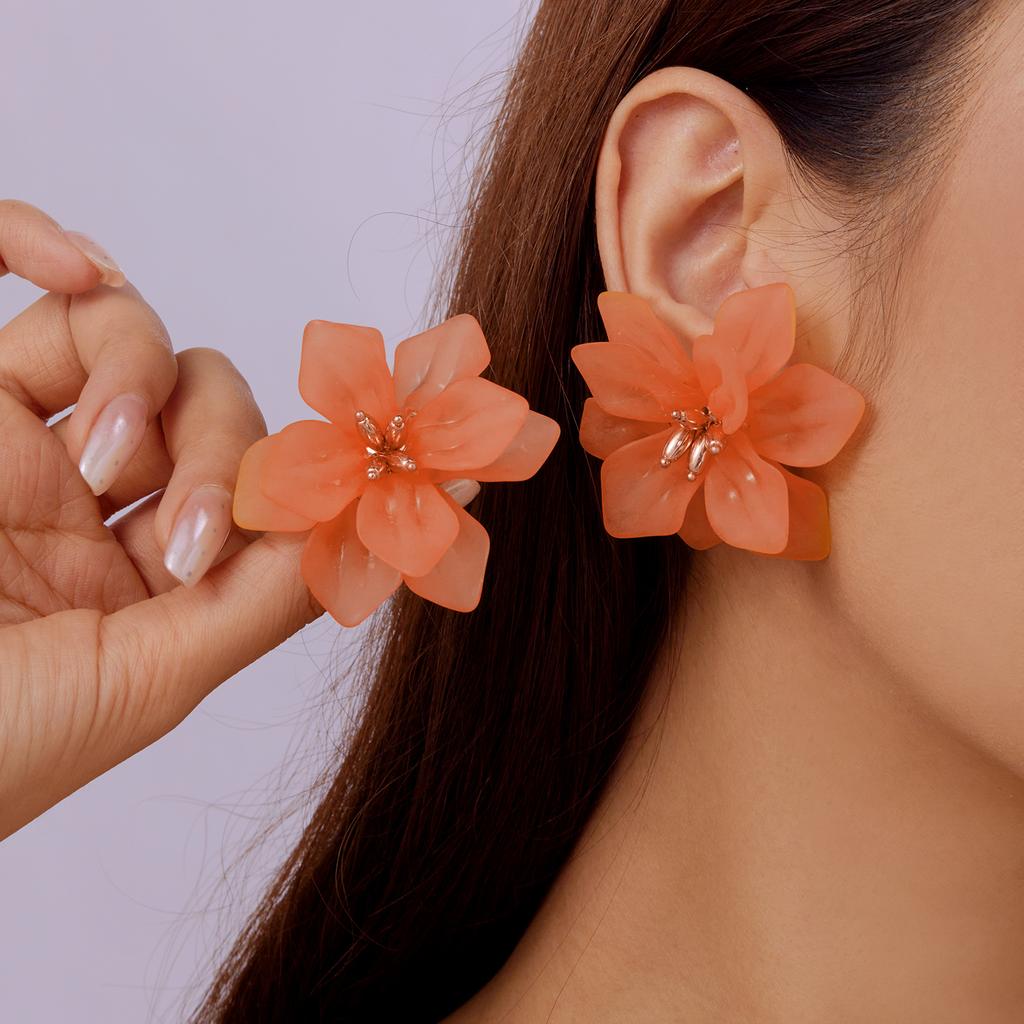 Dainty 3D Large Colorful Petal Stud Earrings for Women Girl Hyperbole Acrylic Flower Charm Earrings Party Aesthetic Zircon Gift