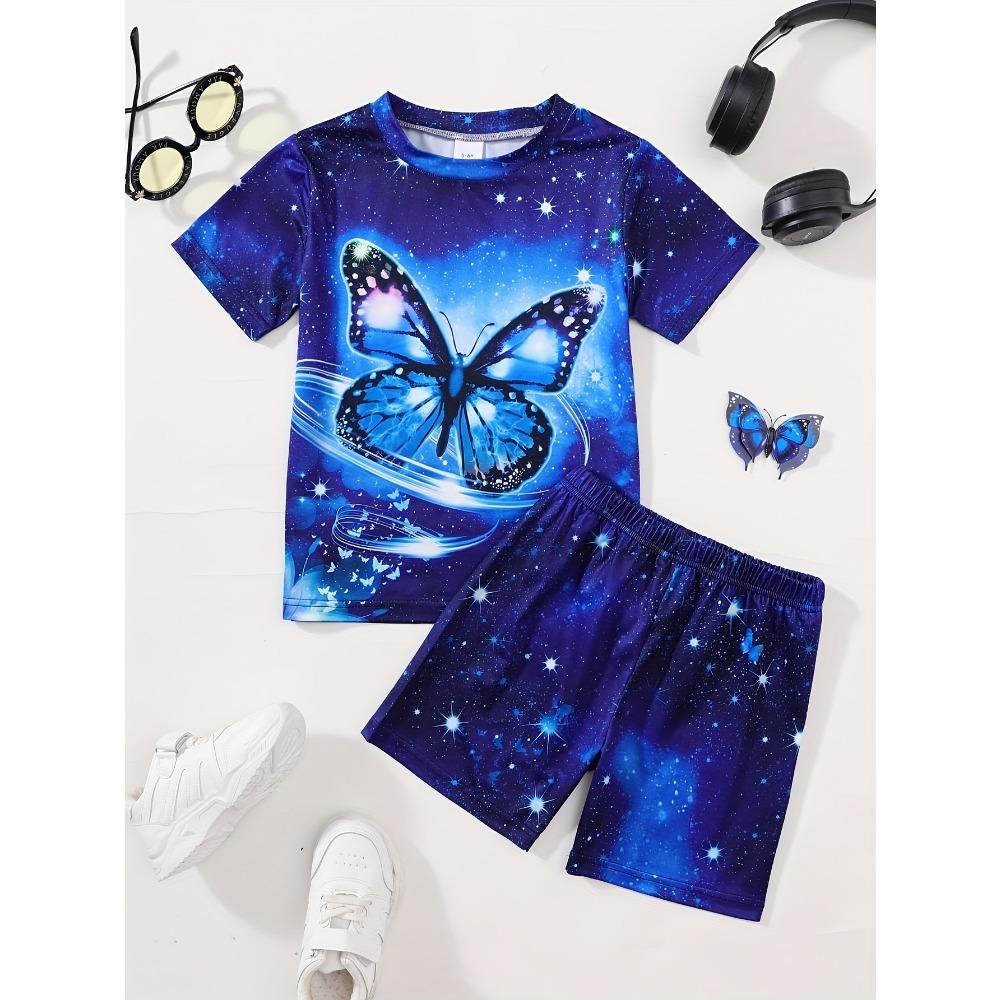 ' Short-Sleeve T-Shirt with Butterfly Print And Starry Background, Paired with Shorts, for Outdoor