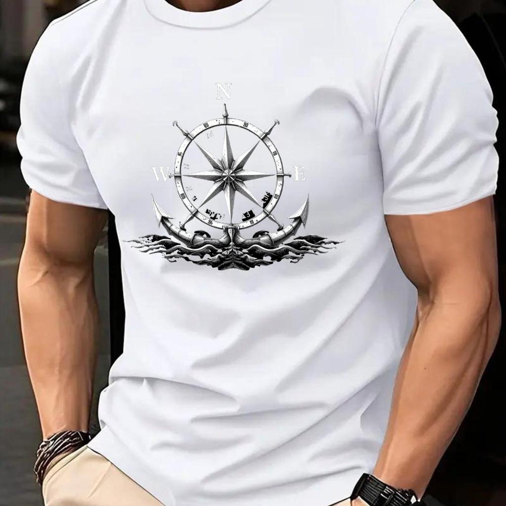 Men Nautical Compass Ship Wheel Graphic TShirt  White Maritime Tee Breathable Knit Fabric for Casual Formal Outfits