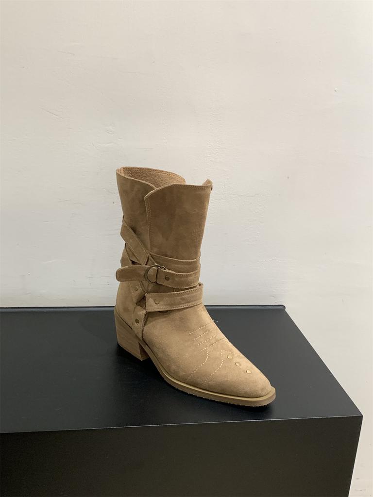 Brown Suede High Heel Medium Martin Boots Women's Boots 2025 Fall/Winter Western Cowboy Boots Pointed Skinny Short Boots