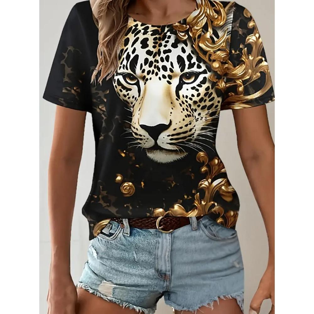 Casual Women's T-Shirt Summer Round Neck Short Sleeve Leopard Pattern Print Outdoor Female T Shirts Fashion oversize Clothing