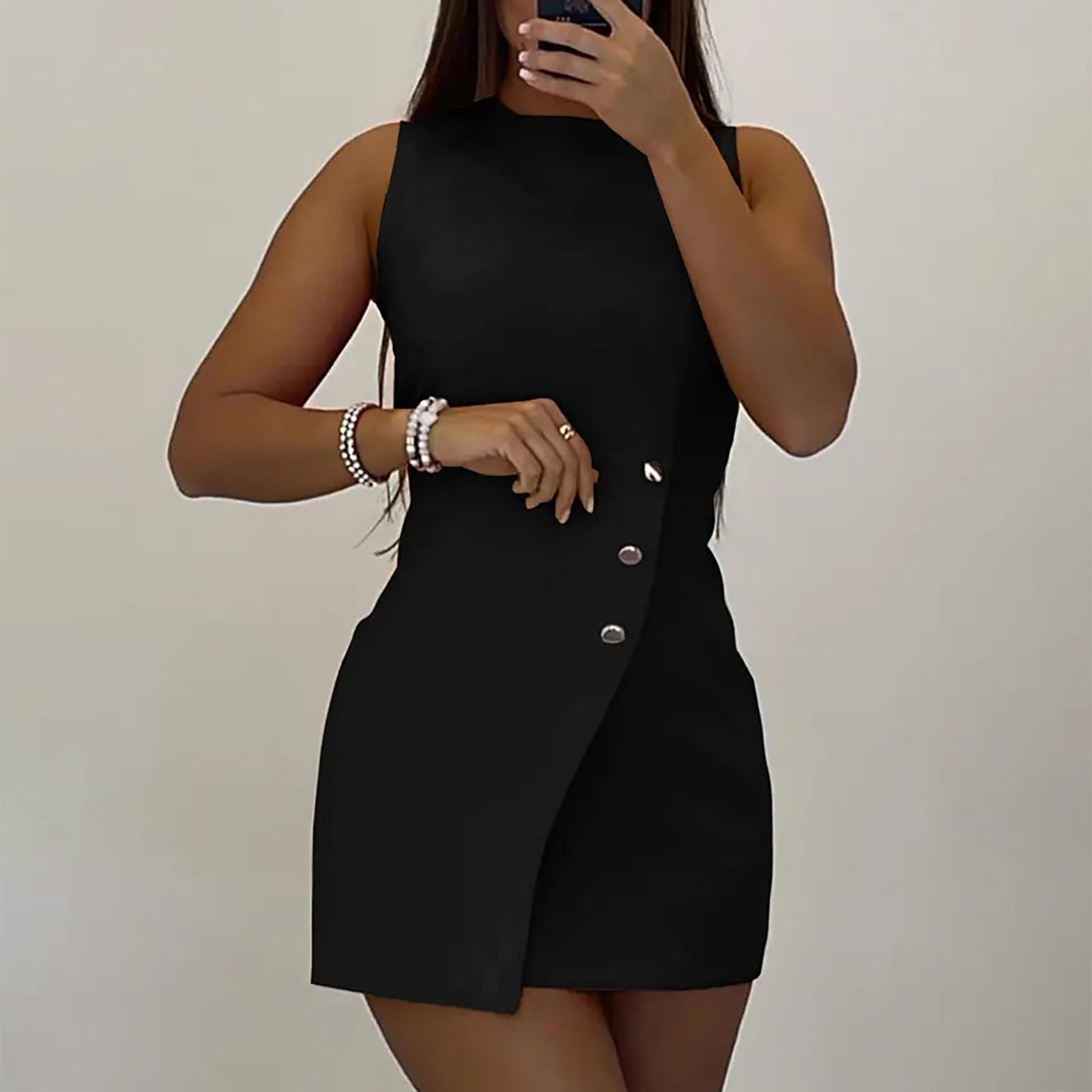 Women s Casual Printed Round Neck Pullover Button Sleeveless Dress XXL чёрный