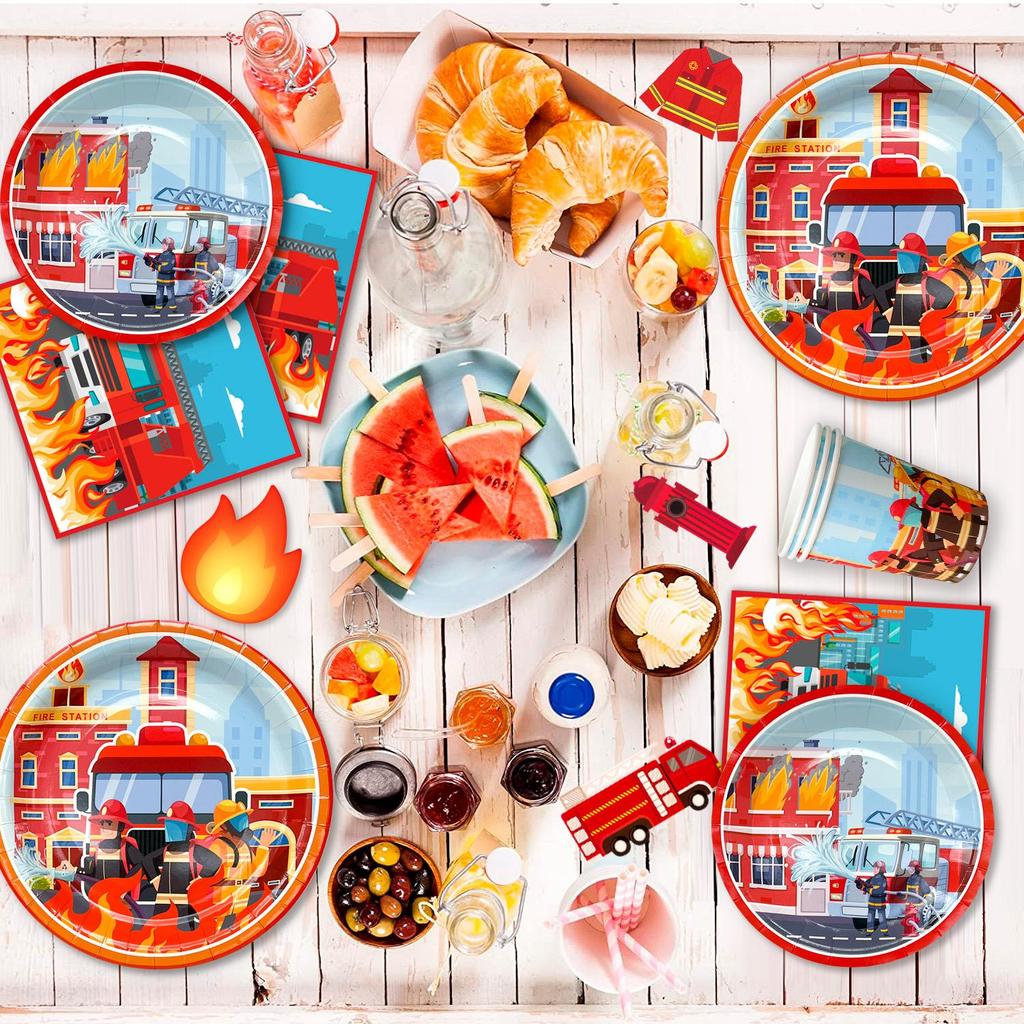 Fire Truck Birthday Party Supplies,Firetruck Birthday Decorations&Tableware Set-Plates Cups Balloon Backdrop etc Fire Truck Party Supplies