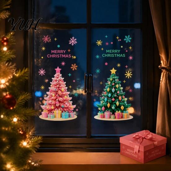 Winter Theme Wall Decor 2Pcs Pink Christmas Tree Static Window Clings, Removable Xmas Stickers Home Ornaments with Snowflake Star for Shop Cafe