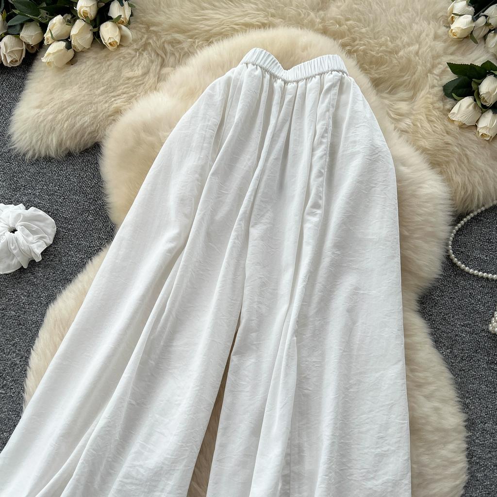 Summer Women Chic Boho Elastic Waist Wide Leg Ankle Length Pant Trouser With Pocket