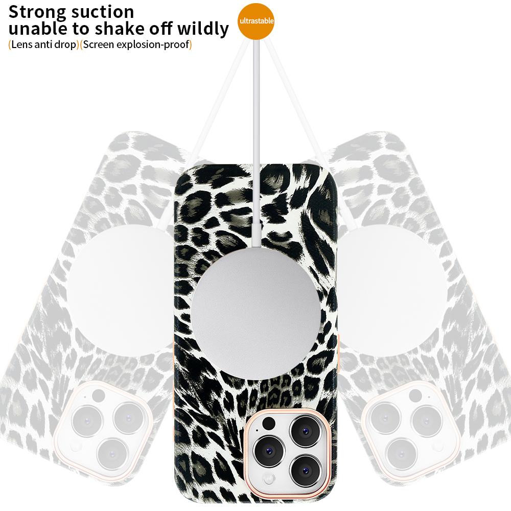 VIETAO Leopardenmuster PU-Leder Magnetische Kabellose Ladefunktion Handyhülle Für iPhone 16 15 Pro Max, 15 pro 16 pro Hülle, Schwarz