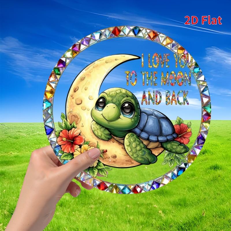 2D Flat Acrylic Turtle Moon Flower Suncatcher - Round Acrylic Hanging Decor with Colorful Turtle & Moon Phase Botanical Art, Restaurant Decor 20*20cm