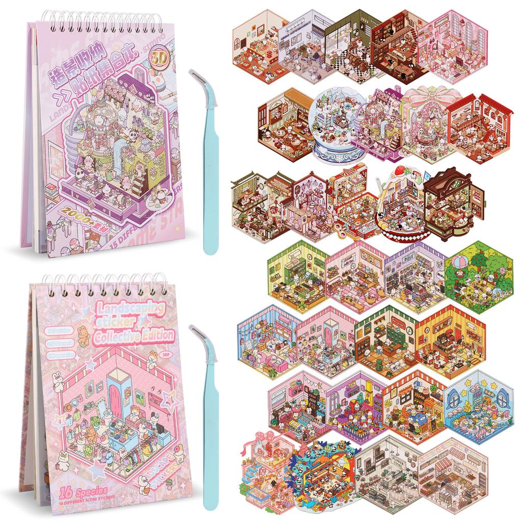 Scene Sticker Book Stress Relief 3D Sticker Scene Set Stimulate Imagination 3D Miniature Landscaping Books for Children Birthday