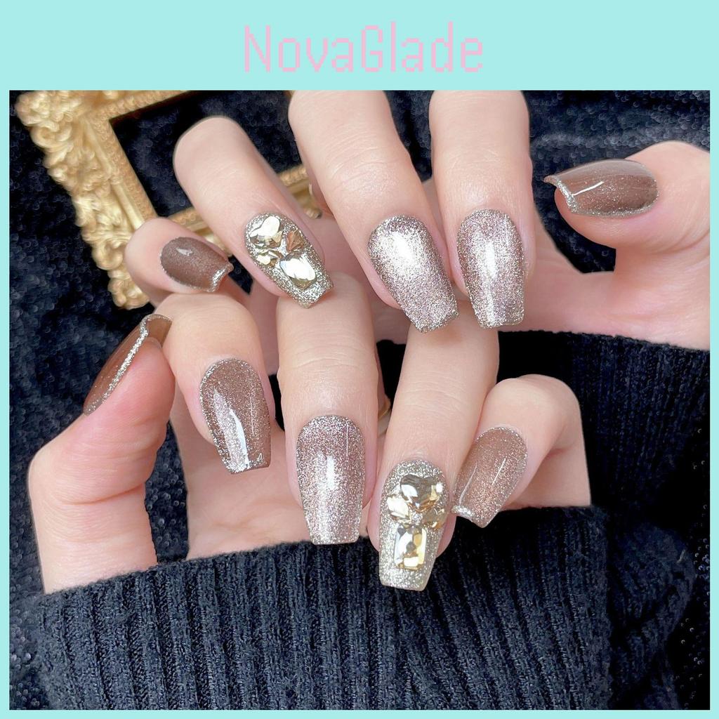 New Autumn And Winter Handmade Nail Stickers Pure Color Cat Eye French Style Flashing Rhinestone False Nails
